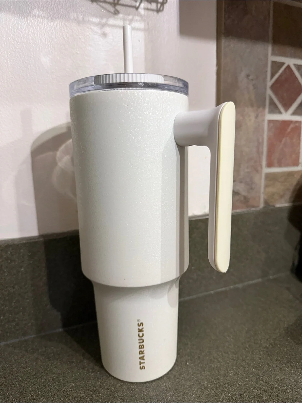 Starbucks Cream & White Travel Tumbler with Handle and Straw